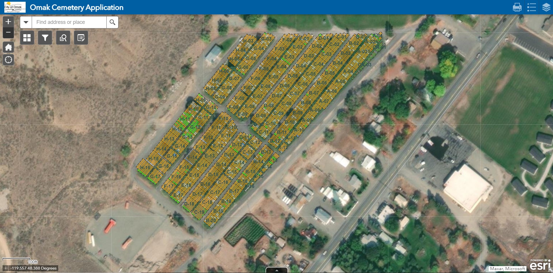 Omak cemetery data viewed in ArcGIS.