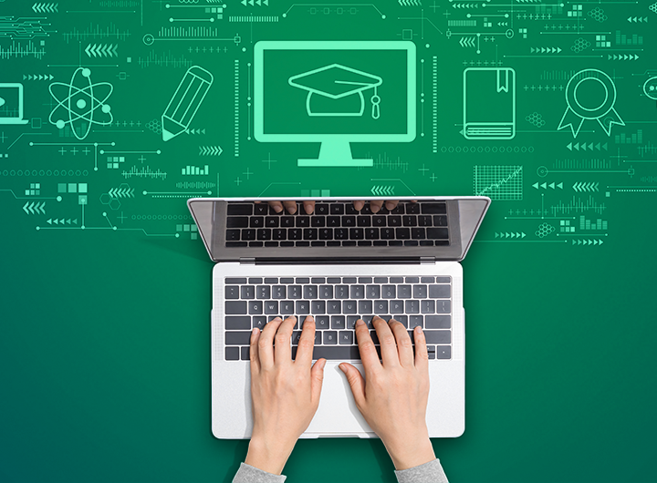 person researching policy at a computer with education icons in the background