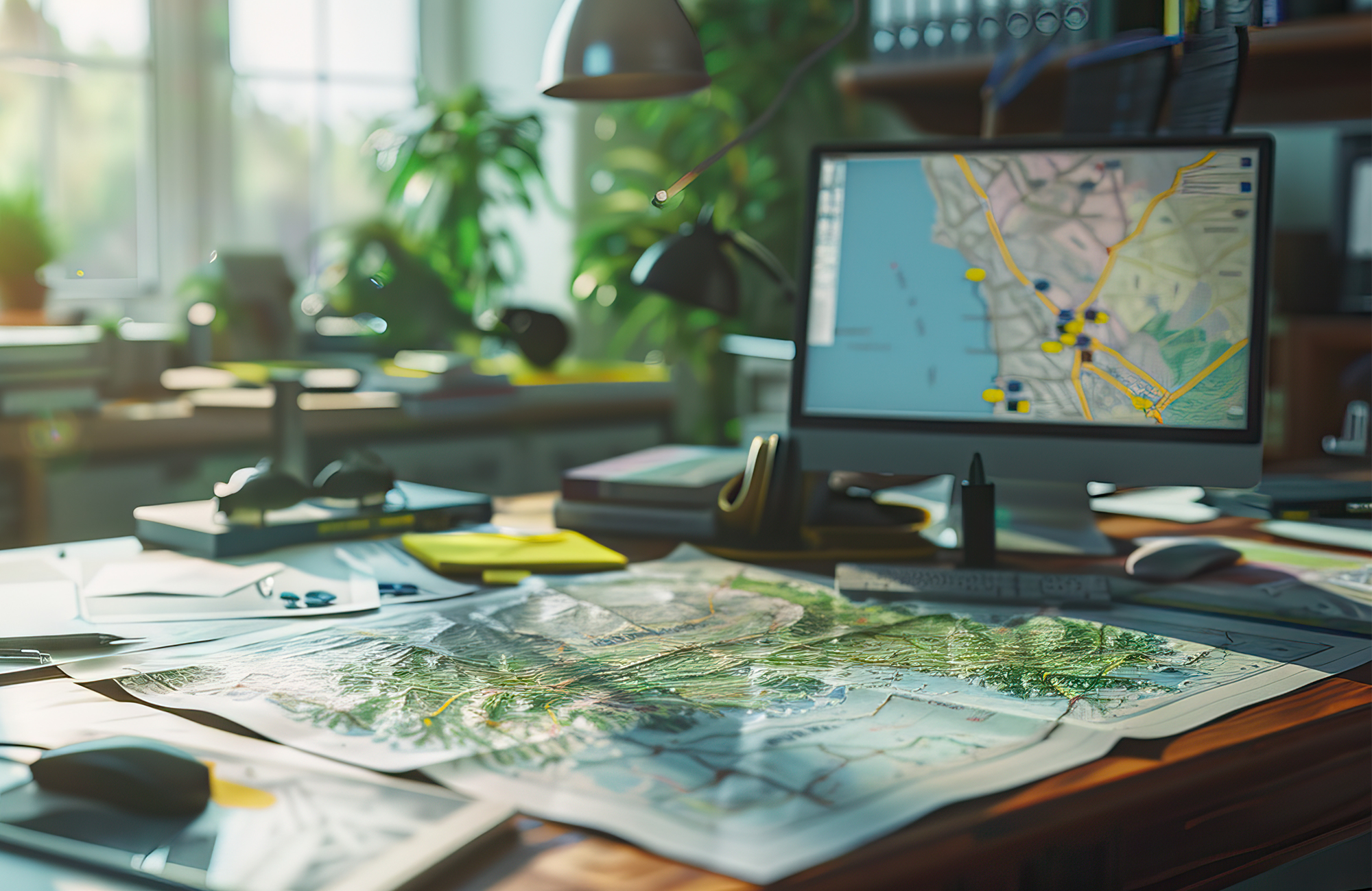 Office desk with a map laying on the desk and GIS software on the computer screen