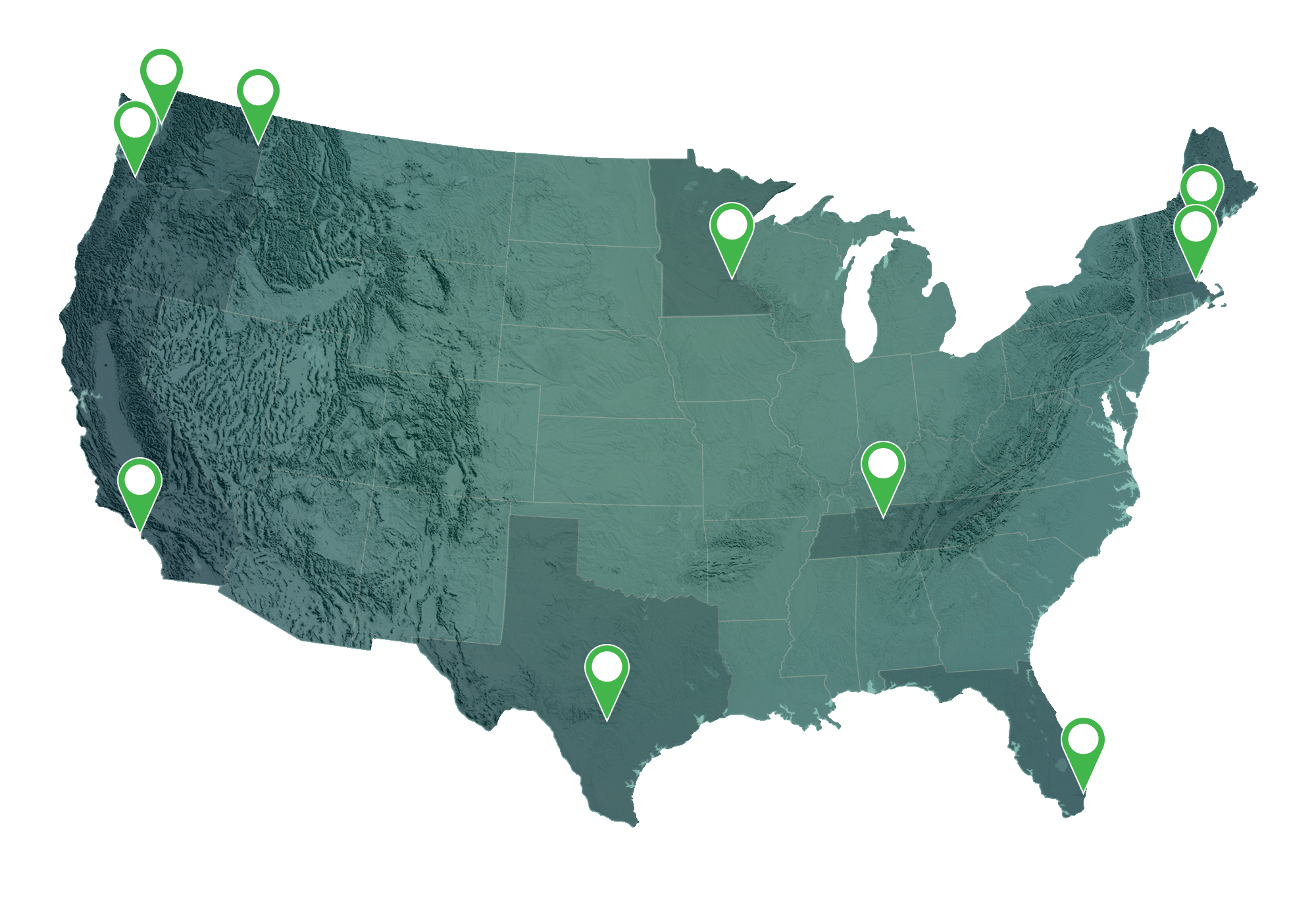 Us map showing locations in Portland, OR; Boston; Los Angeles; Minneapolis, Miami, Nashville, Portland (ME), San Antonio, Spokane, and Seattle,