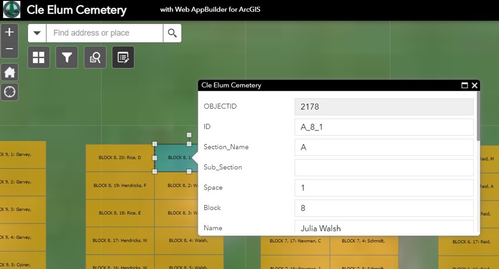 A table showing different fields to populate data into a grave site in ArcGIS.