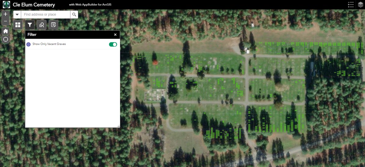 A widget in ArcGIS that shows different ways to filter cemetery data.