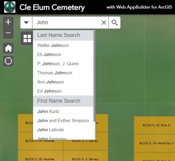 Search field in ArcGIS shows names of people buried in the Cle Elum Cemetery