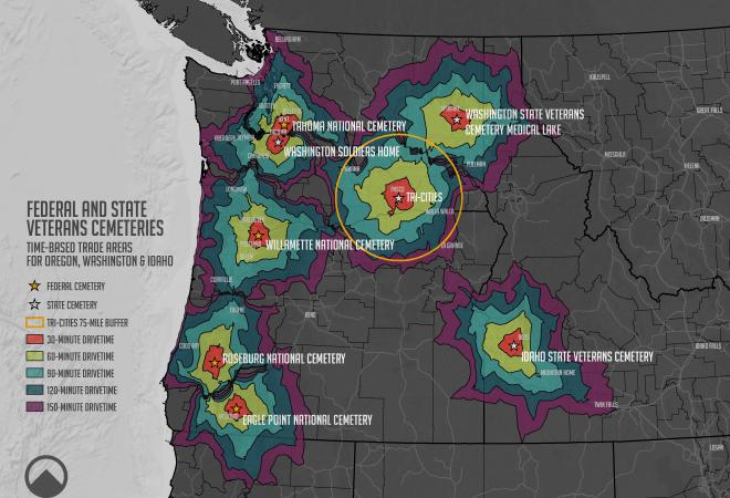 Drive times from state and federal cemeteries in Washington