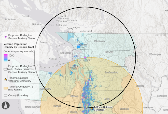 Washington State Veterans cemetery siting analysis map and Tahoma National Cemetery