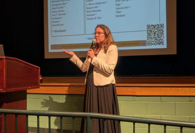 Emma presenting at public information meeting for the Montgomery County Public Schools boundary study