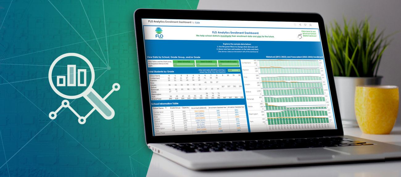 FLO Analytics Student Enrollment Forecast Dashboard on a laptop screen.