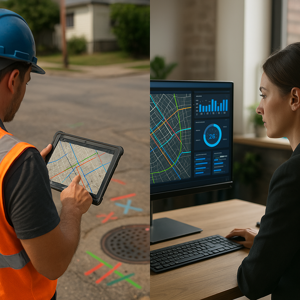 Tablet and computer showing GIS map and dashboard