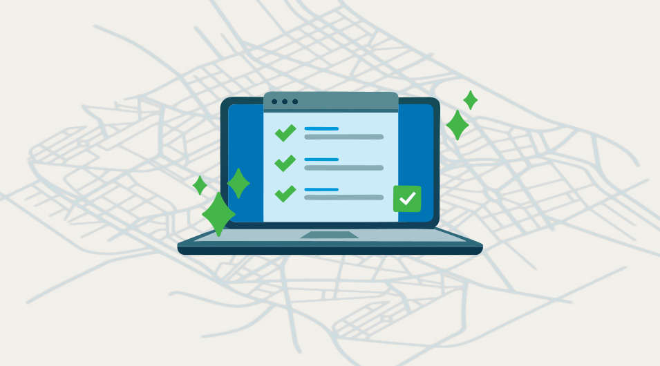 Laptop with data quality checklist on top of GIS map