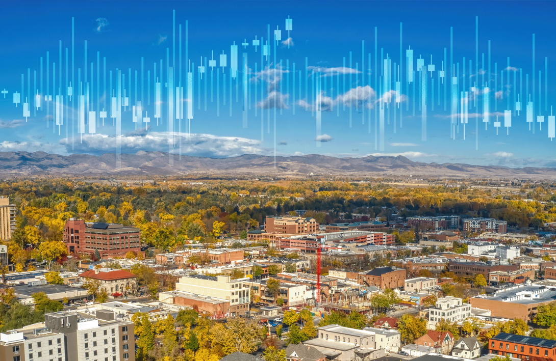 Aerial view of Fort Collins with a population data texture overlaid