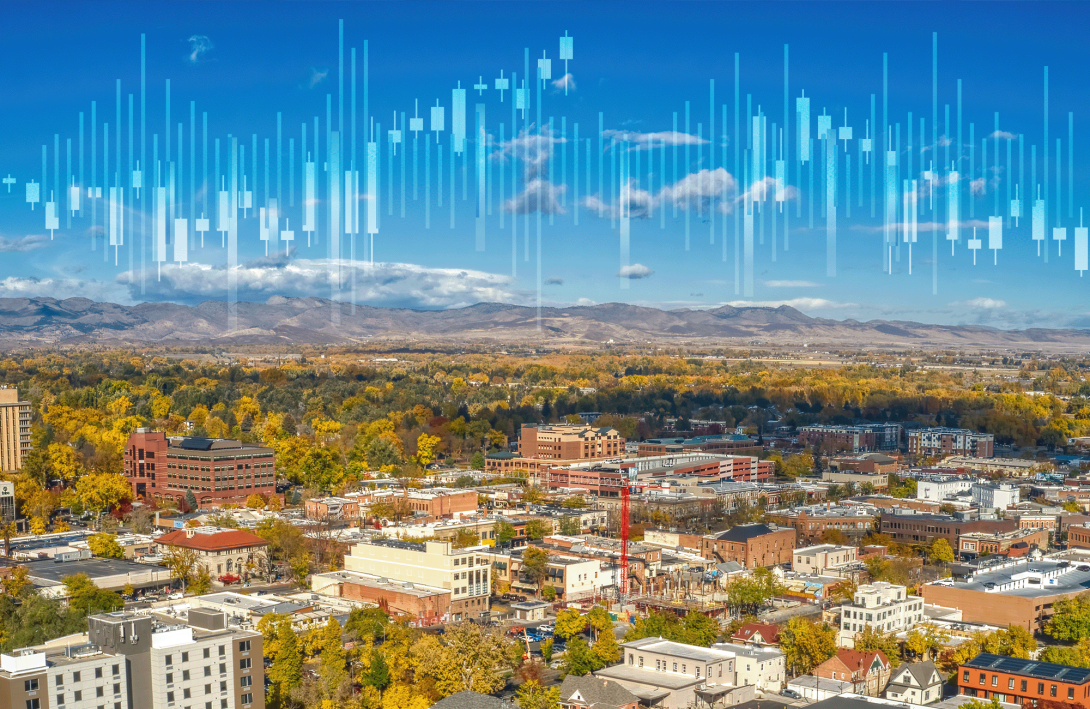 Aerial view of Fort Collins with a population data texture overlaid 