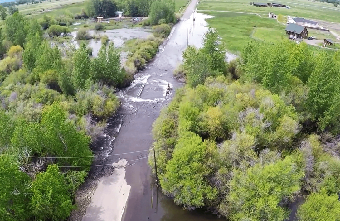 A flooded street captured by a drone in Ellensburg